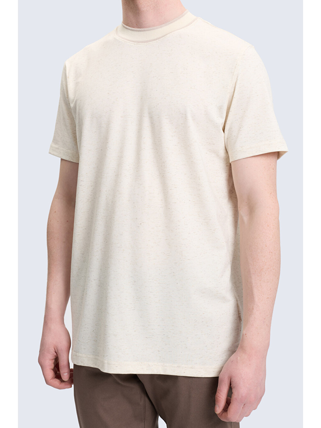 Ekru Regular Fit Bisiklet Yaka Keten Tişört-3