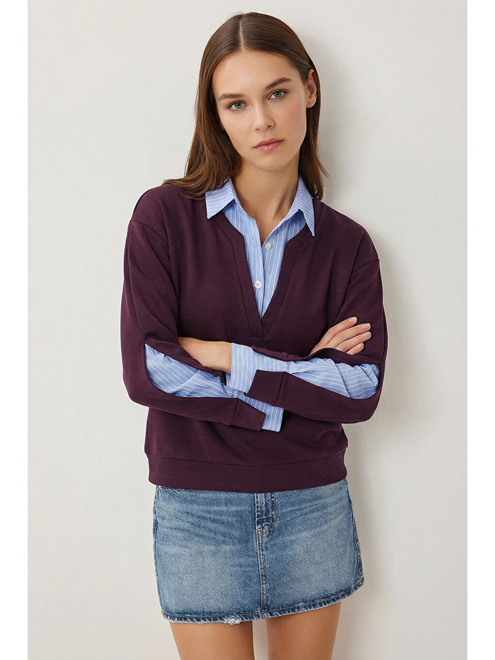 Gömlek Yaka Modal Sweatshirt Mürdüm Lxa0018