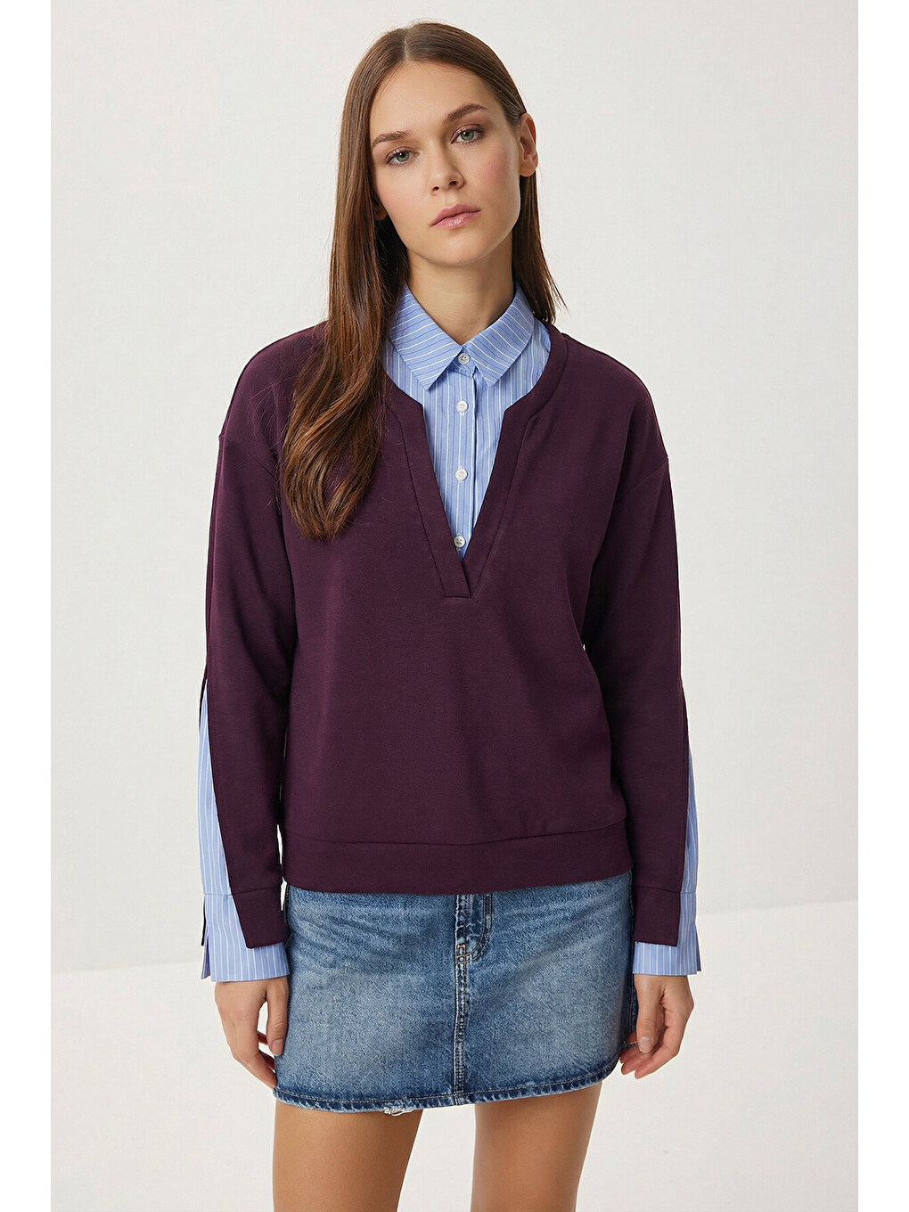 Gömlek Yaka Modal Sweatshirt Mürdüm Lxa0018-1