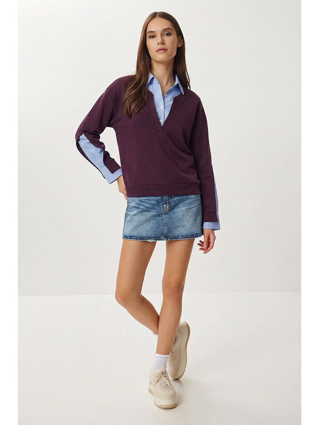 Gömlek Yaka Modal Sweatshirt Mürdüm Lxa0018-2