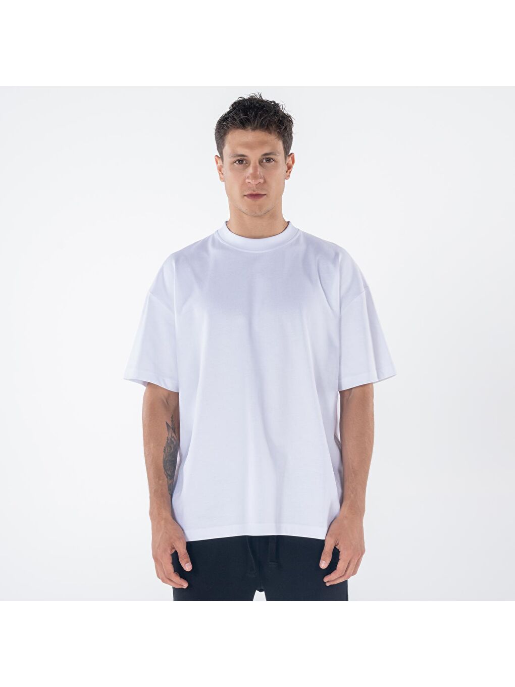 Agar Erkek Beyaz %100 Koton Bisiklet Yaka Oversize Tişört