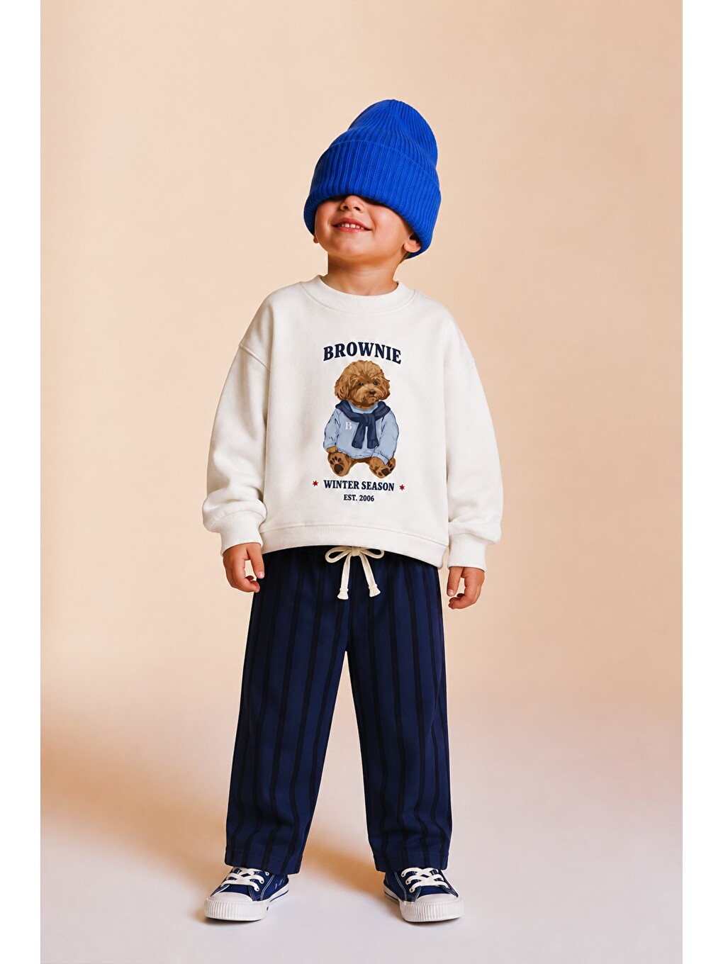 Erkek Çocuk Ekru Ayıcık Baskılı Sweatshirt Ve Lacivert Çizgili Eşofman Alt Üst Takım