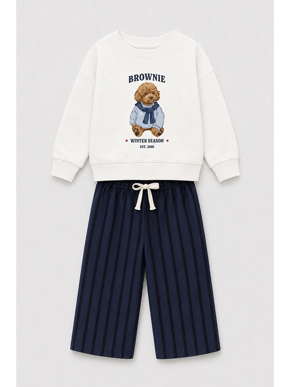 Erkek Çocuk Ekru Ayıcık Baskılı Sweatshirt Ve Lacivert Çizgili Eşofman Alt Üst Takım-1