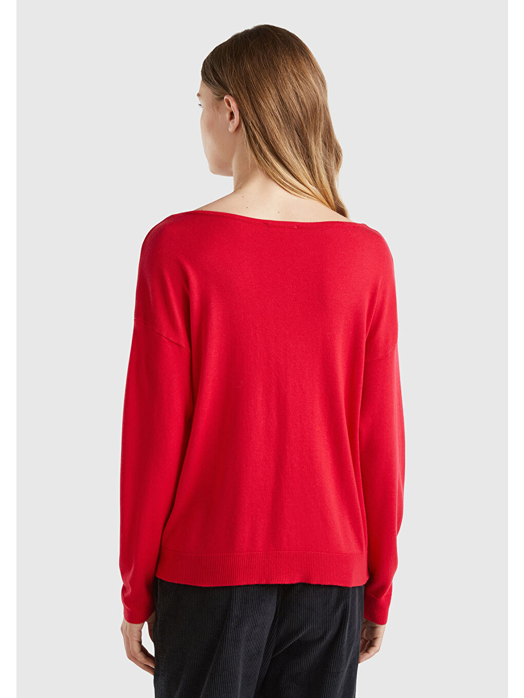 Kadın Kırmızı Pamuk Ve Modal Karışımlı Ribana Detaylı Kayık Yaka Kazak-2