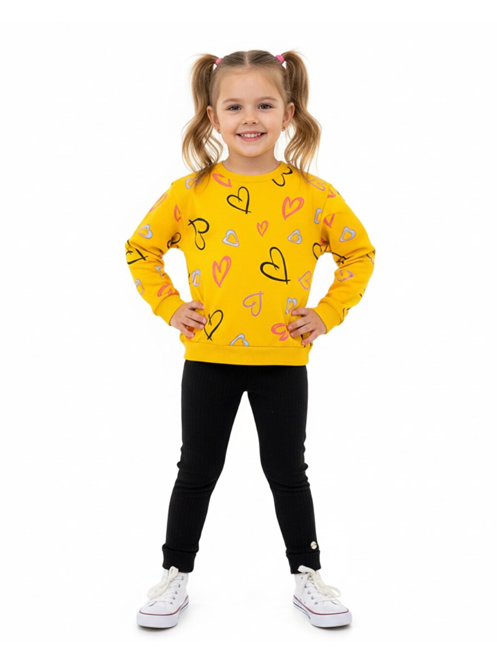 Sarı Kız Çocuk Kalp Baskılı Sweatshirtlü Ve Taytlı 2-3-4-5-6 Yaş Mevsimlik Takım