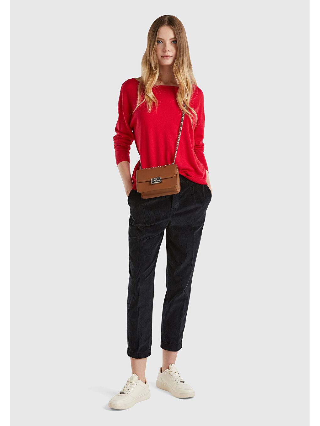 Kadın Kırmızı Pamuk Ve Modal Karışımlı Ribana Detaylı Kayık Yaka Kazak-4