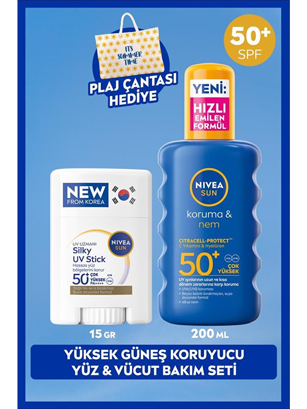 Sun Spf50+ Güneş Koruyucu Kore Stick Yüz Kremi 15gr Ve Nemlendirici Vücut Spreyi, Çanta Hediyeli