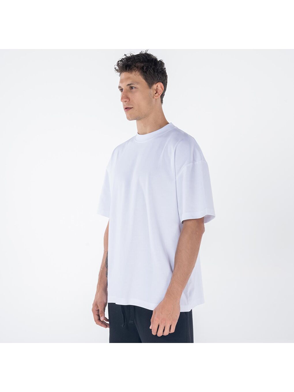 Agar Erkek Beyaz %100 Koton Bisiklet Yaka Oversize Tişört-2