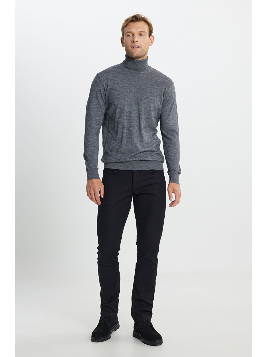 Erkek Gri Melanj Sıcak Tutan Standart Fit Normal Kesim Tam Balıkçı Yaka Jakarlı Yünlü Triko Kazak-1