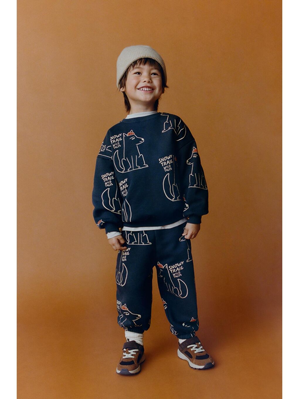 Erkek Çocuk Pamuklu Lacivert Oversize Desenli Sweatshirt Ve Eşofman Takım