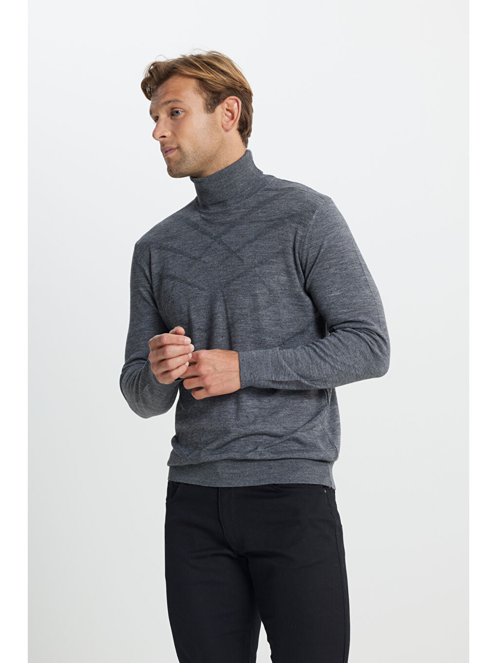 Erkek Gri Melanj Sıcak Tutan Standart Fit Normal Kesim Tam Balıkçı Yaka Jakarlı Yünlü Triko Kazak-3