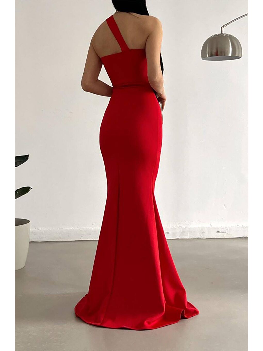 Kırmızı Scuba Kumaş Çapraz Yaka Askı Balık Elbise Abiye-1
