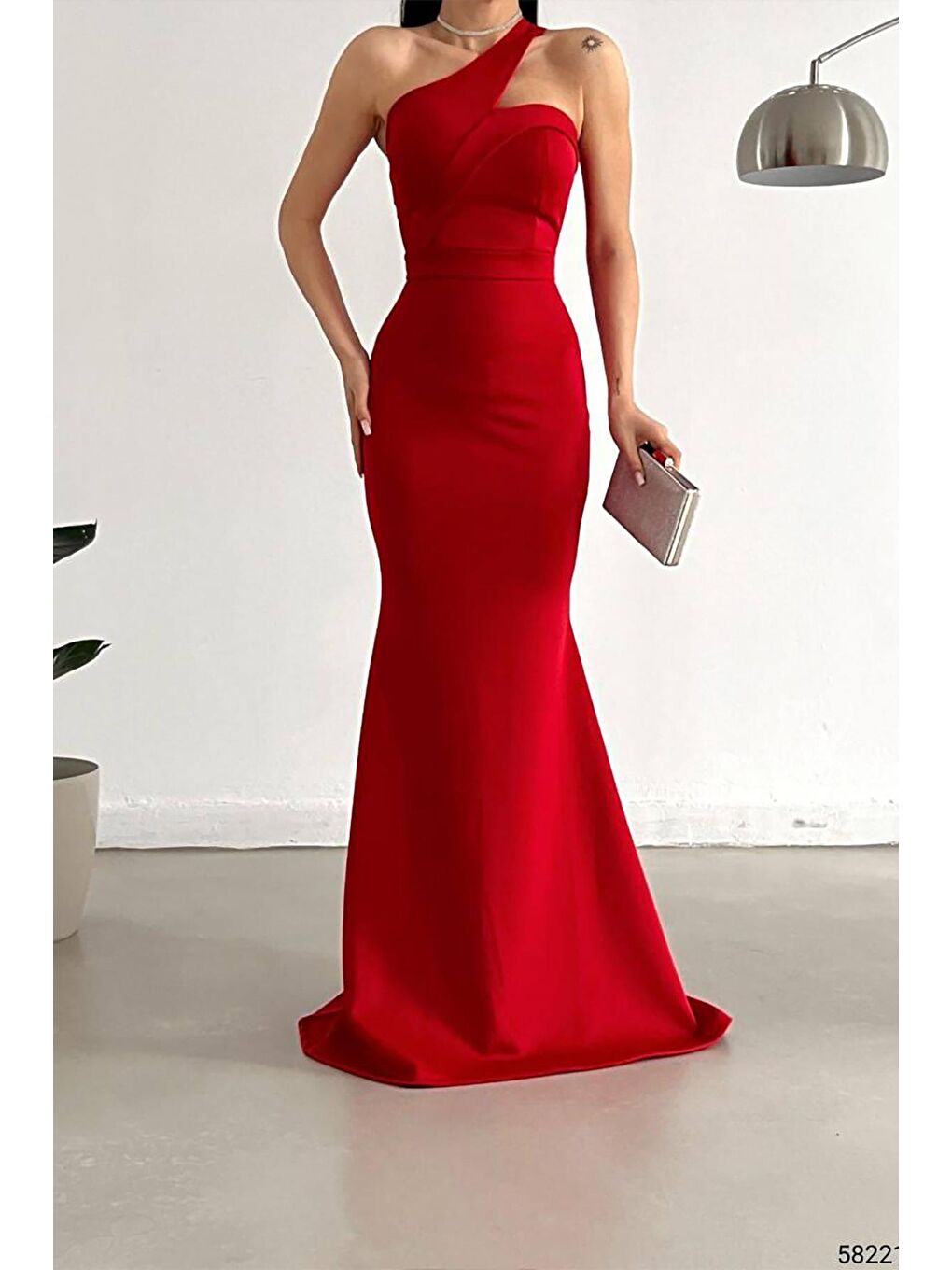 Kırmızı Scuba Kumaş Çapraz Yaka Askı Balık Elbise Abiye-2