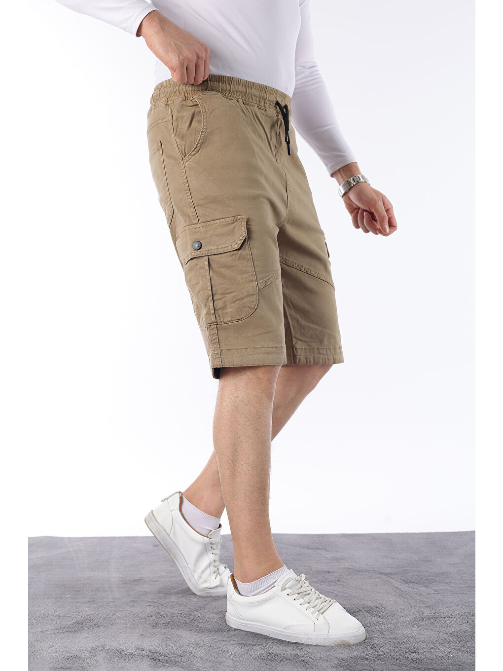 Bej Erkek Beli Lastikli Dikiş Detaylı Kargo Cep Kapri Şort-1