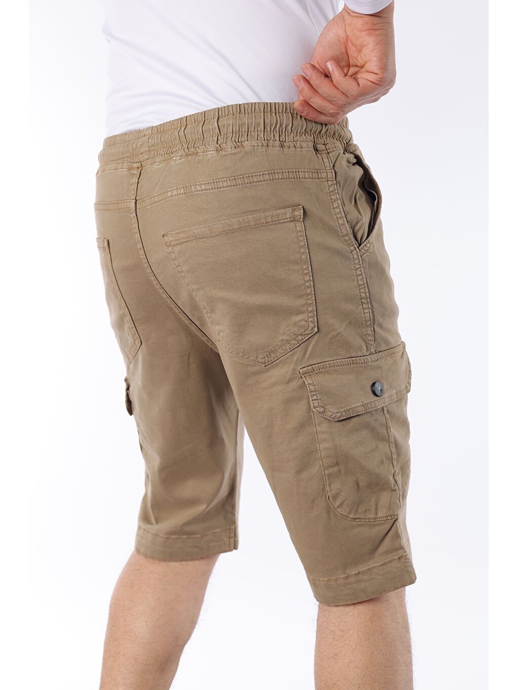Bej Erkek Beli Lastikli Dikiş Detaylı Kargo Cep Kapri Şort-2