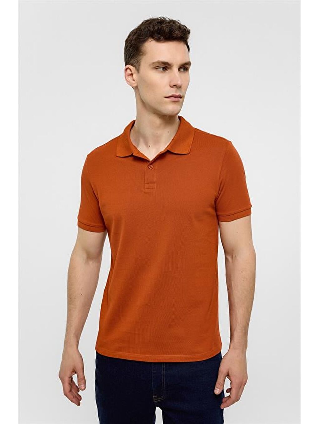 Kahverengi Kiremit Slim Düz Polo Yaka Tişört-1