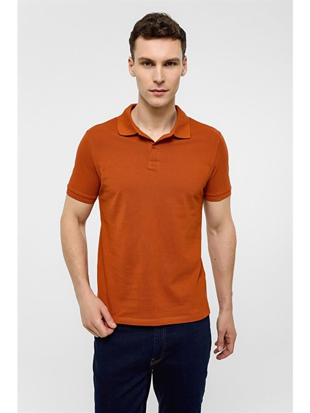 Kahverengi Kiremit Slim Düz Polo Yaka Tişört-2