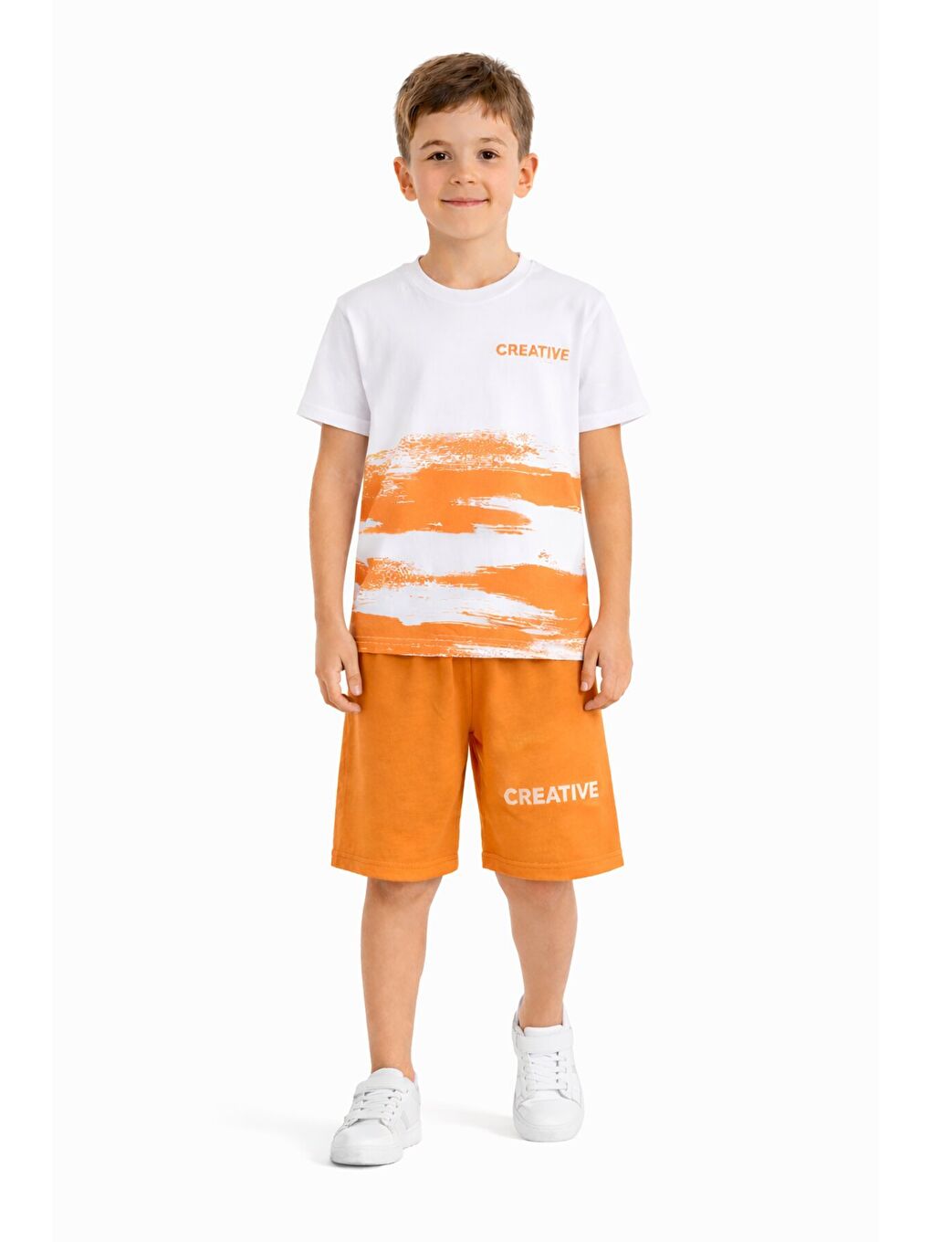 Turuncu Creative Yazılı Desenli Tişörtlü Erkek Çocuk Şortlu Takım 23793-2