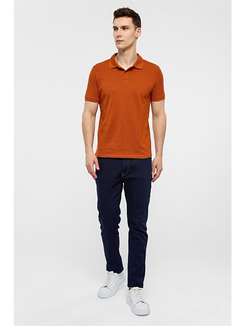Kahverengi Kiremit Slim Düz Polo Yaka Tişört-3