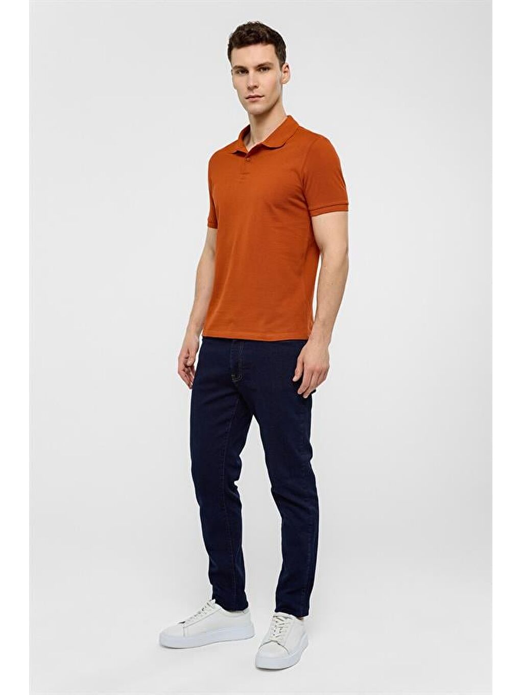 Kahverengi Kiremit Slim Düz Polo Yaka Tişört-4