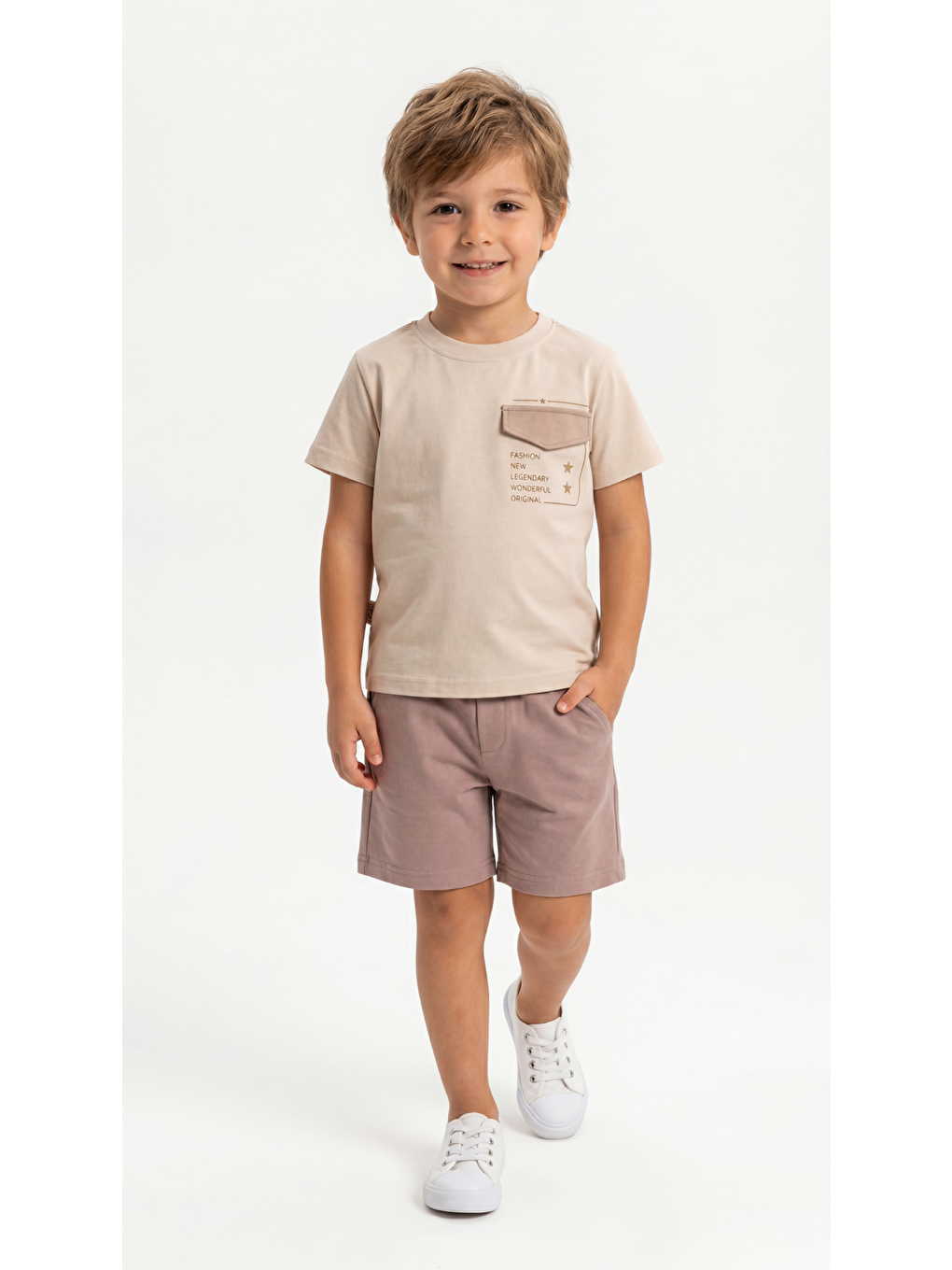 Bej Fashion New Legendary Baskılı Cep Kapaklı Penye Erkek Çocuk Tişört-Şort Takım