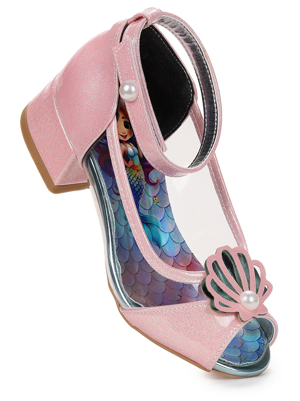 Pembe Deniz Kızı Şeffaf Burnu Açık Kız Çocuk Topuklu Abiye Ayakkabı