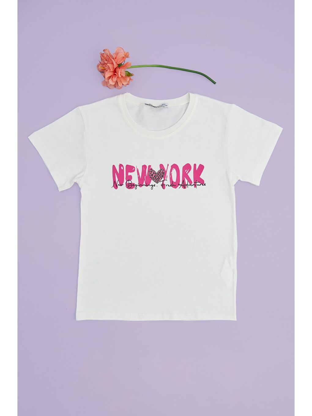 Ekru New York Baskılı Kız Çocuk Tişört