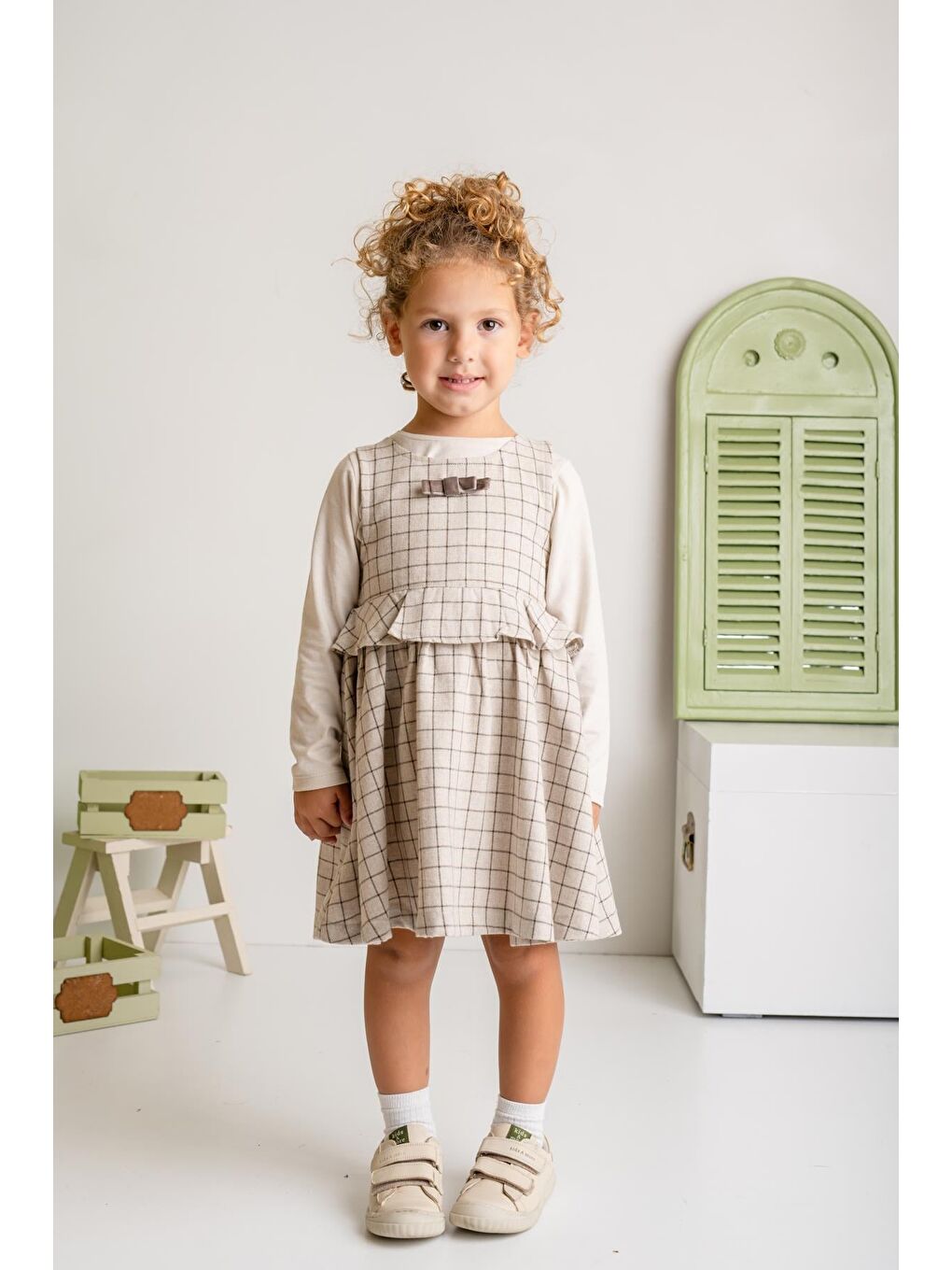 Kız Çocuk Fırfırlı Dokuma Elbise Ve Bluz Takım - Bej-3