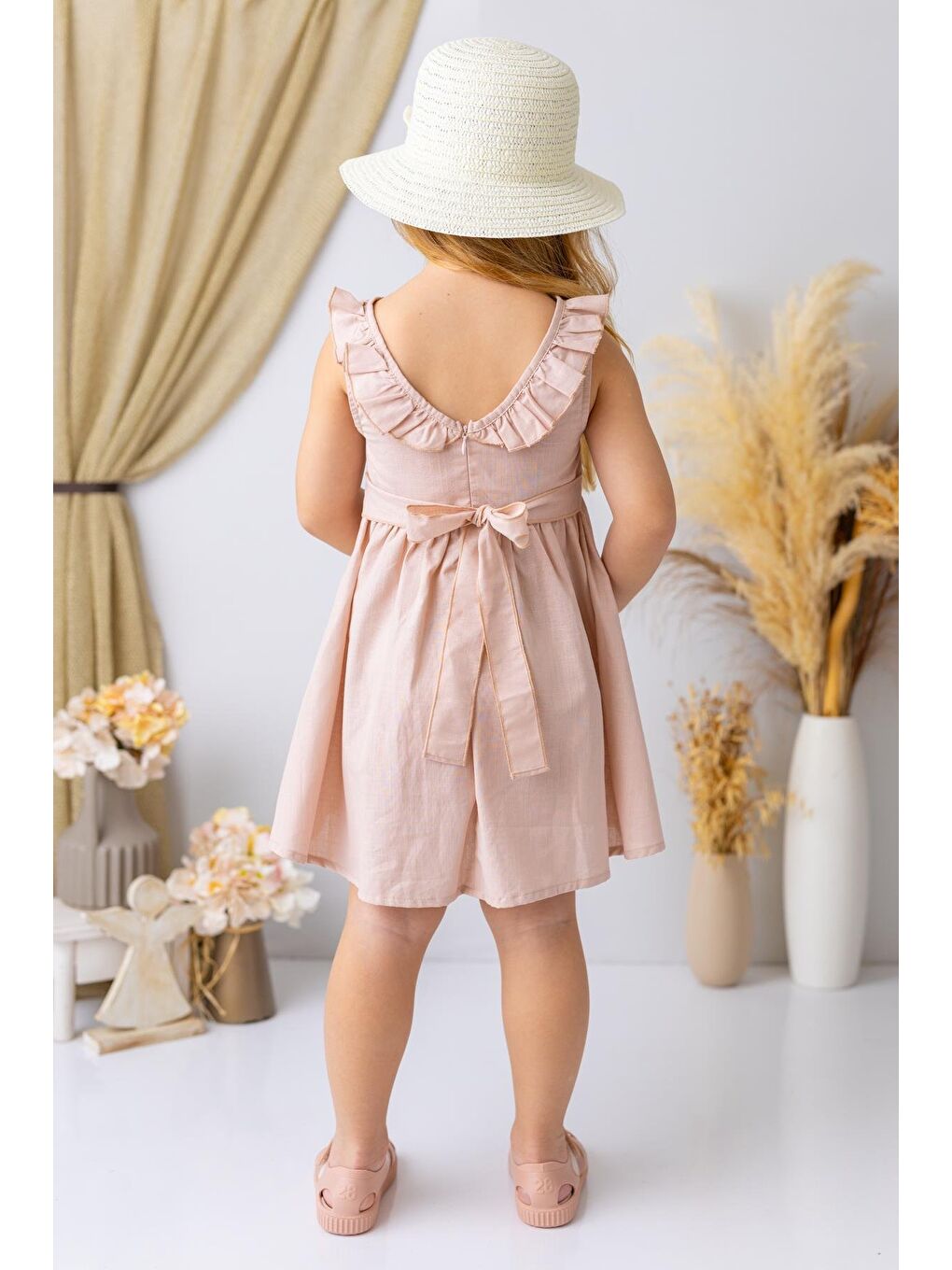 Turuncu Kız Çocuk Yakası Fırfırlı Volanlı Elbise - Yavruağzı-1