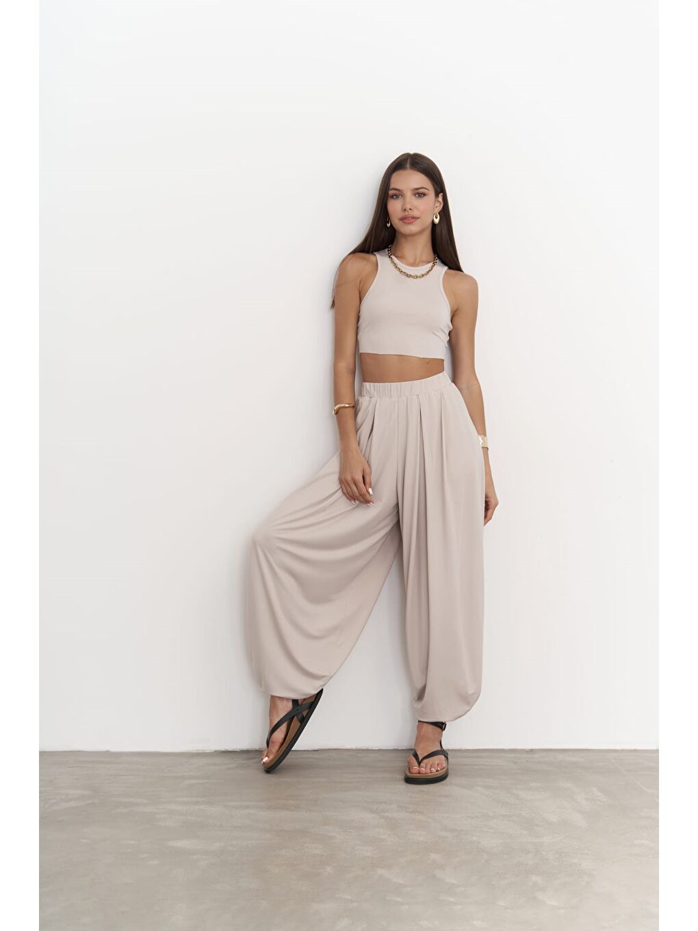 Mai Collection Bej Casey Taş Crop Pantolon Takım