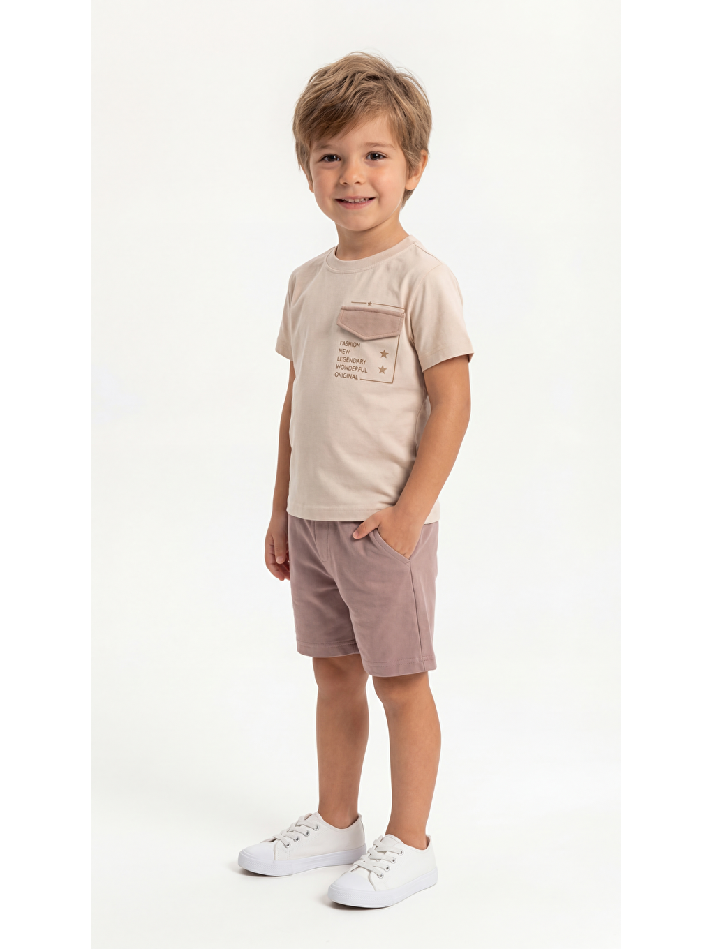 Bej Fashion New Legendary Baskılı Cep Kapaklı Penye Erkek Çocuk Tişört-Şort Takım-1