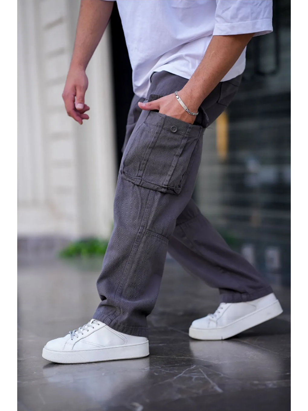 Gri Erkek Kargo Cep Baggy Pantolon Füme Rengi-1