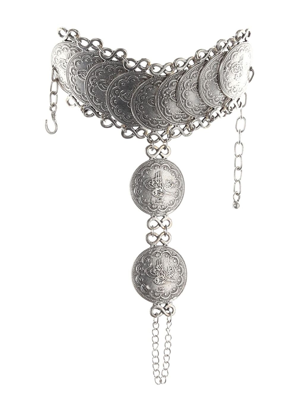 Gri Kadın Antik Gümüş Kaplama Tuğra Baskılı Ayarlanabilir Zincirli El Şahmeranı