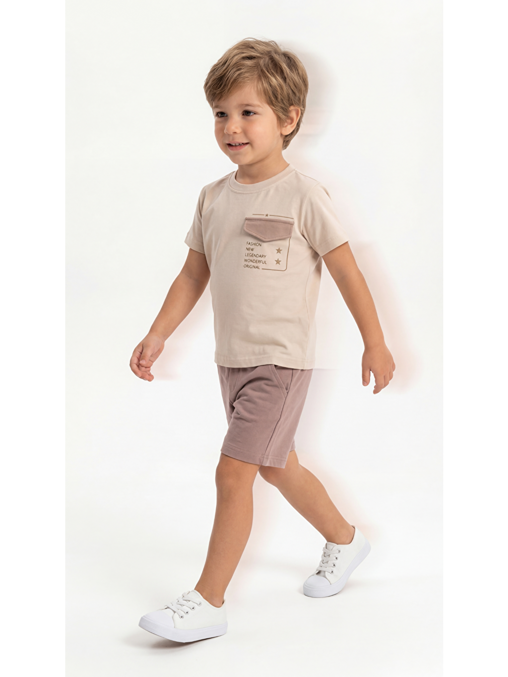 Bej Fashion New Legendary Baskılı Cep Kapaklı Penye Erkek Çocuk Tişört-Şort Takım-2