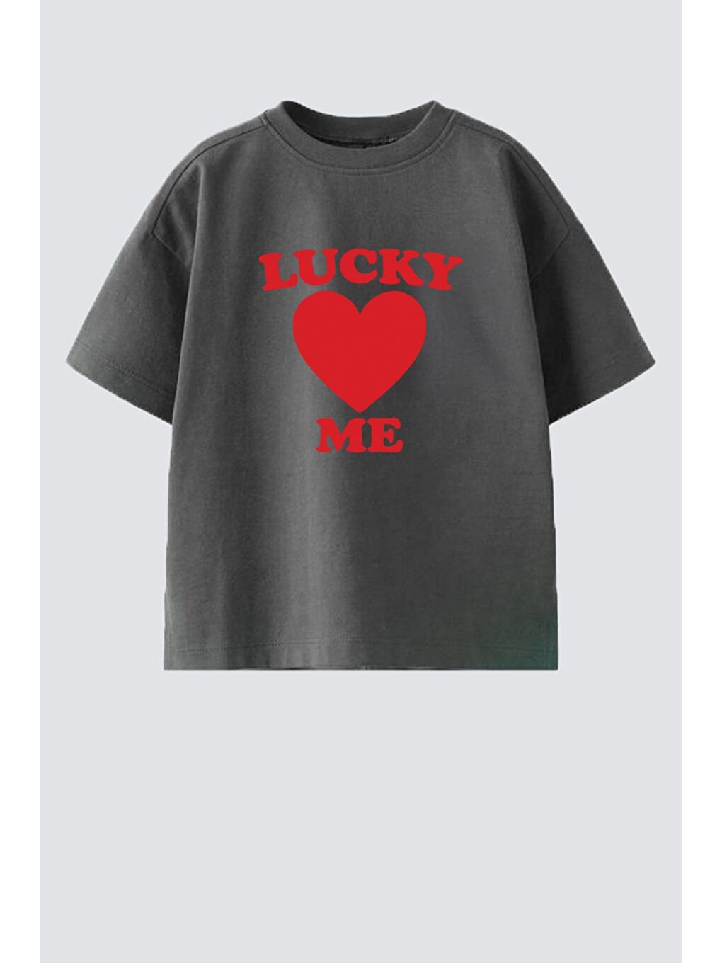 Antrasit Kız Çocuk Pamuklu Bisiklet Yaka Kalp Baskılı T-Shirt