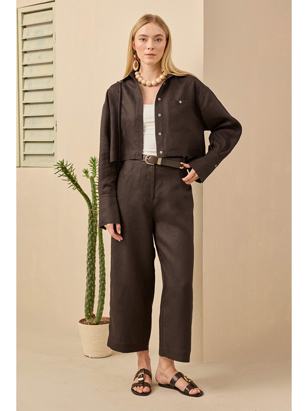 Kahverengi Midi Keten Pantolon Acı Kahve-1