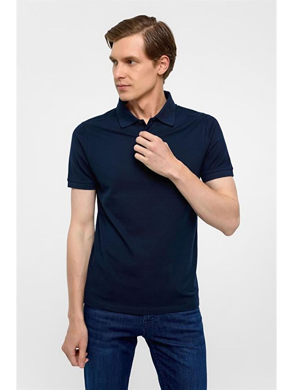 Lacivert Slim Düz Polo Yaka Tişört-1