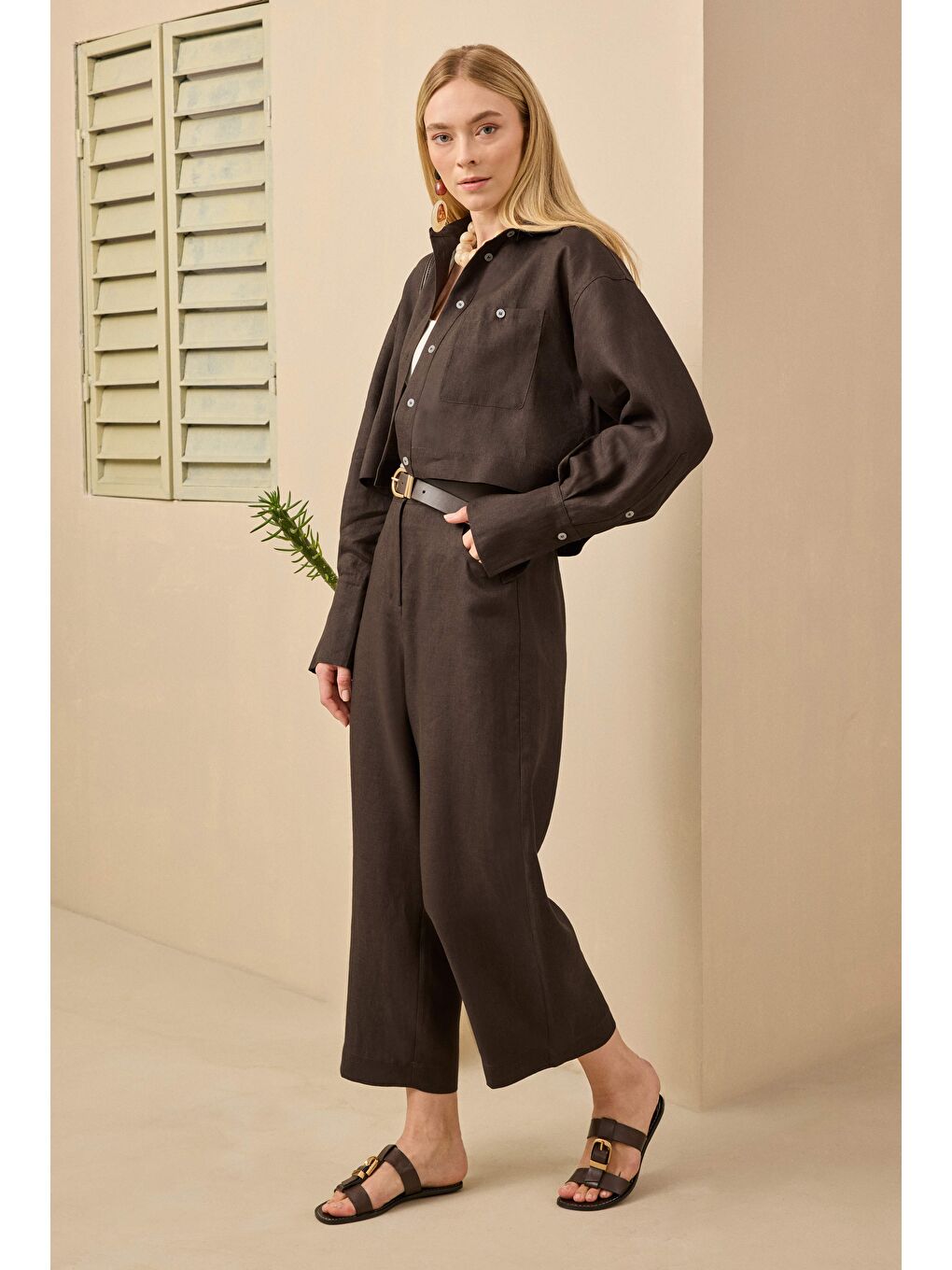 Kahverengi Midi Keten Pantolon Acı Kahve-2