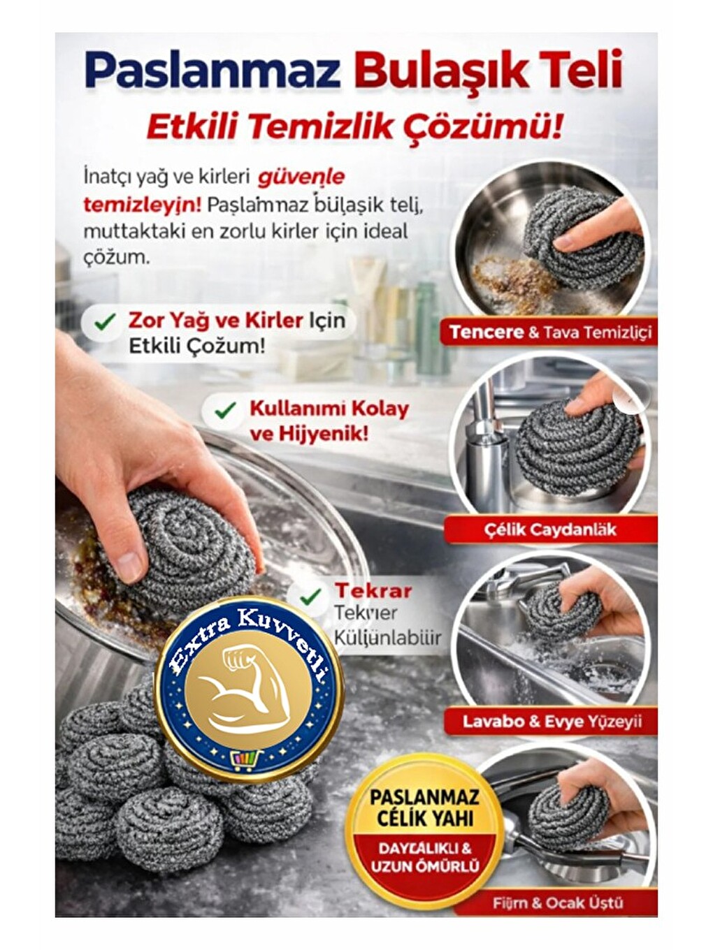 Karışık Bulaşık Teli Ovma Teli 4 Adet Ekonomik Toptel Sürtme Teli Lavabo Mutfak Banyo Temizlik Tel-2