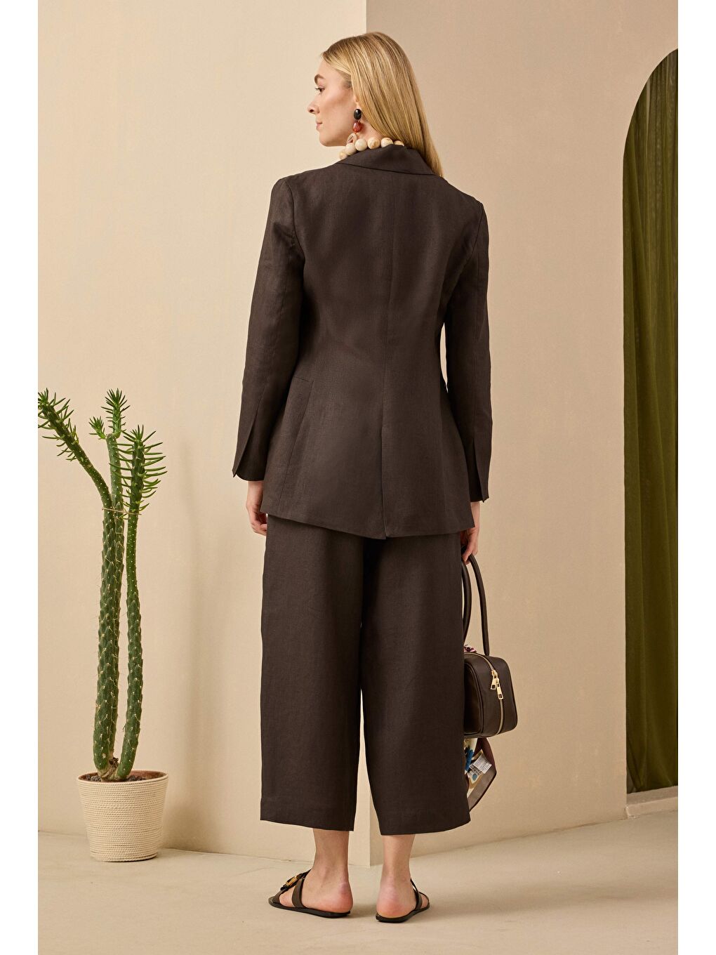 Kahverengi Midi Keten Pantolon Acı Kahve-3