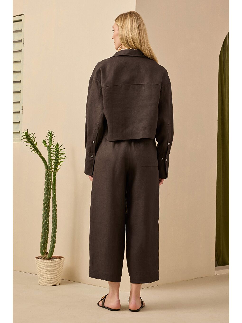 Kahverengi Midi Keten Pantolon Acı Kahve-4