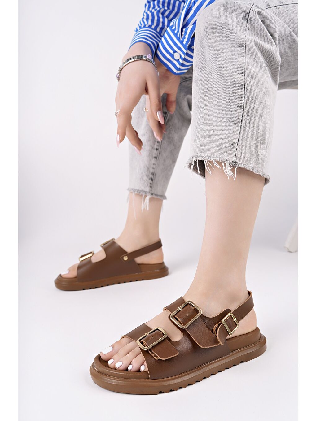Kahverengi MEGGİE Çift Bantlı Ayarlanabilir Kemerli Günlük Kadın Sandalet-2