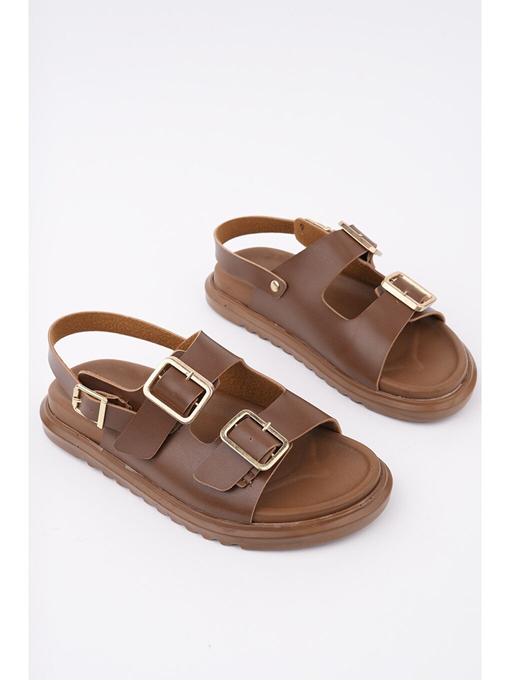Kahverengi MEGGİE Çift Bantlı Ayarlanabilir Kemerli Günlük Kadın Sandalet-6