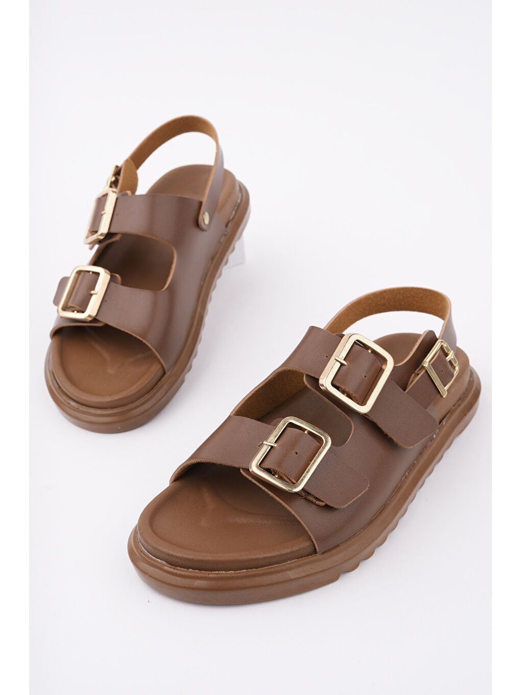 Kahverengi MEGGİE Çift Bantlı Ayarlanabilir Kemerli Günlük Kadın Sandalet-7