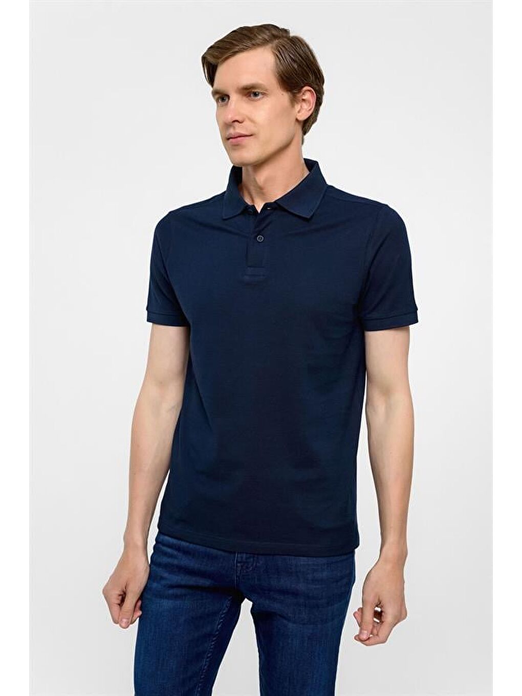 Lacivert Slim Düz Polo Yaka Tişört-3