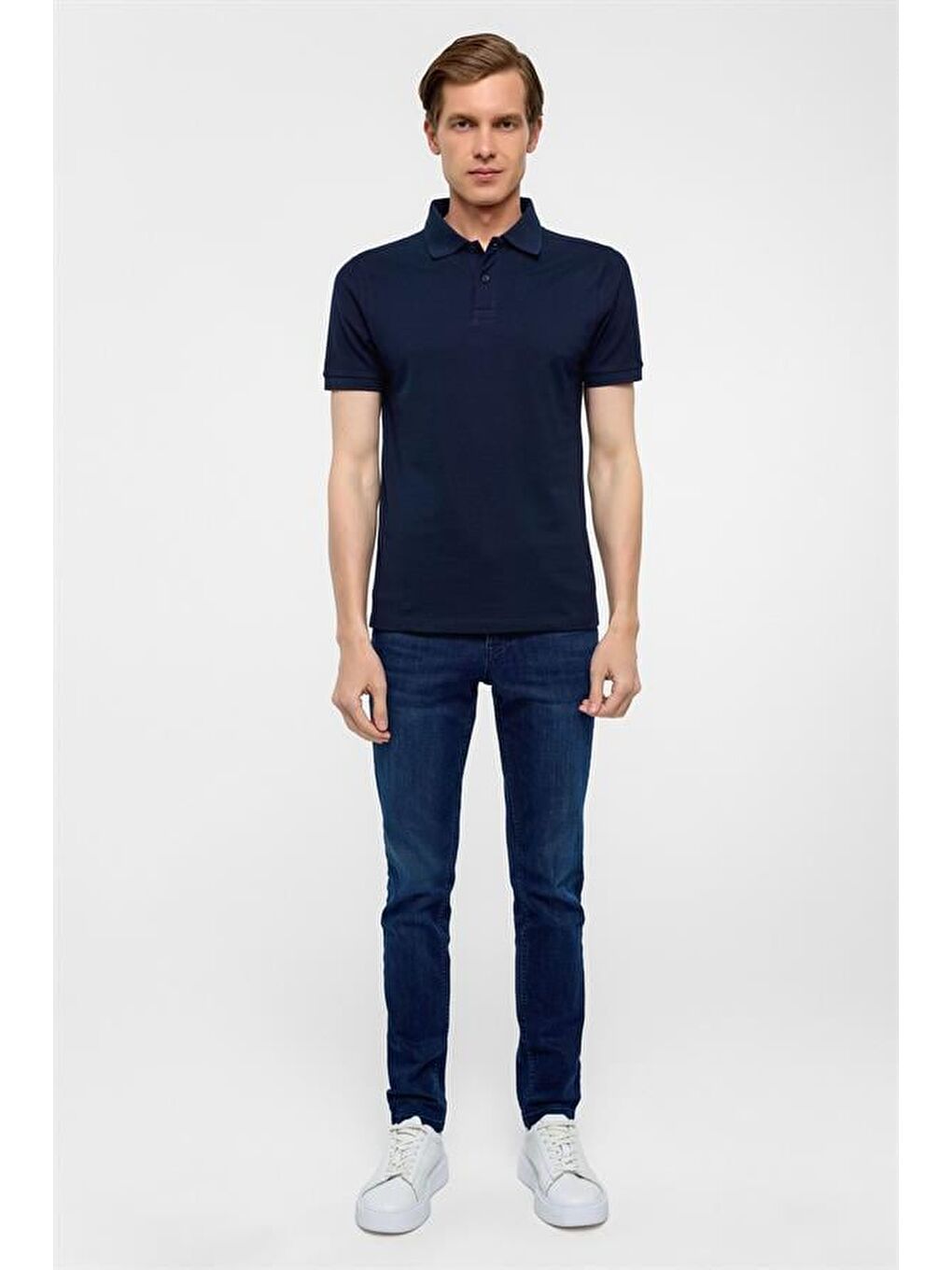 Lacivert Slim Düz Polo Yaka Tişört-4