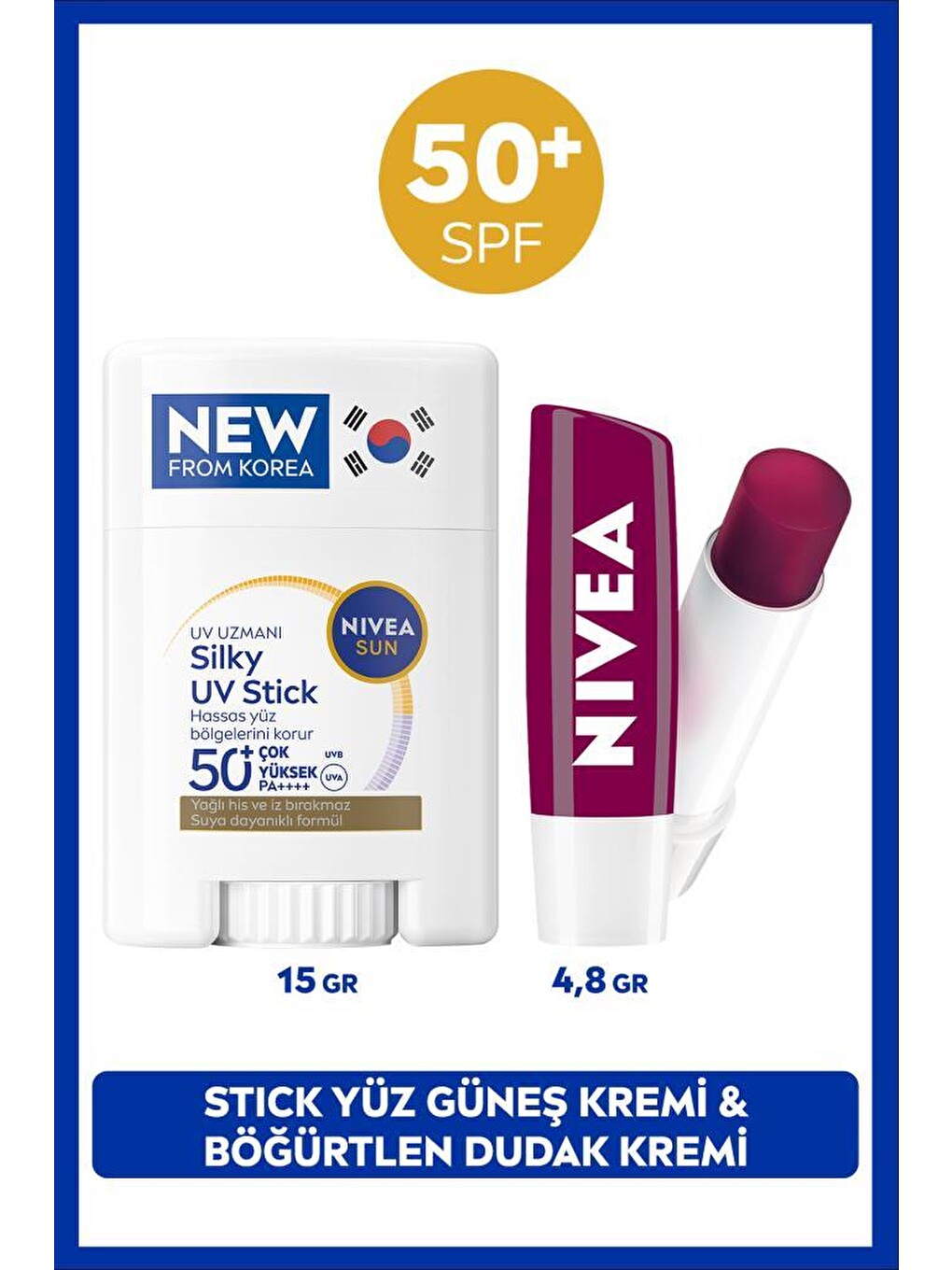 Sun Spf50+ Güneş Koruyucu Kore Stick Yüz Kremi 15gr Ve Böğürtlen Renkli Nemlendirici Dudak Kremi