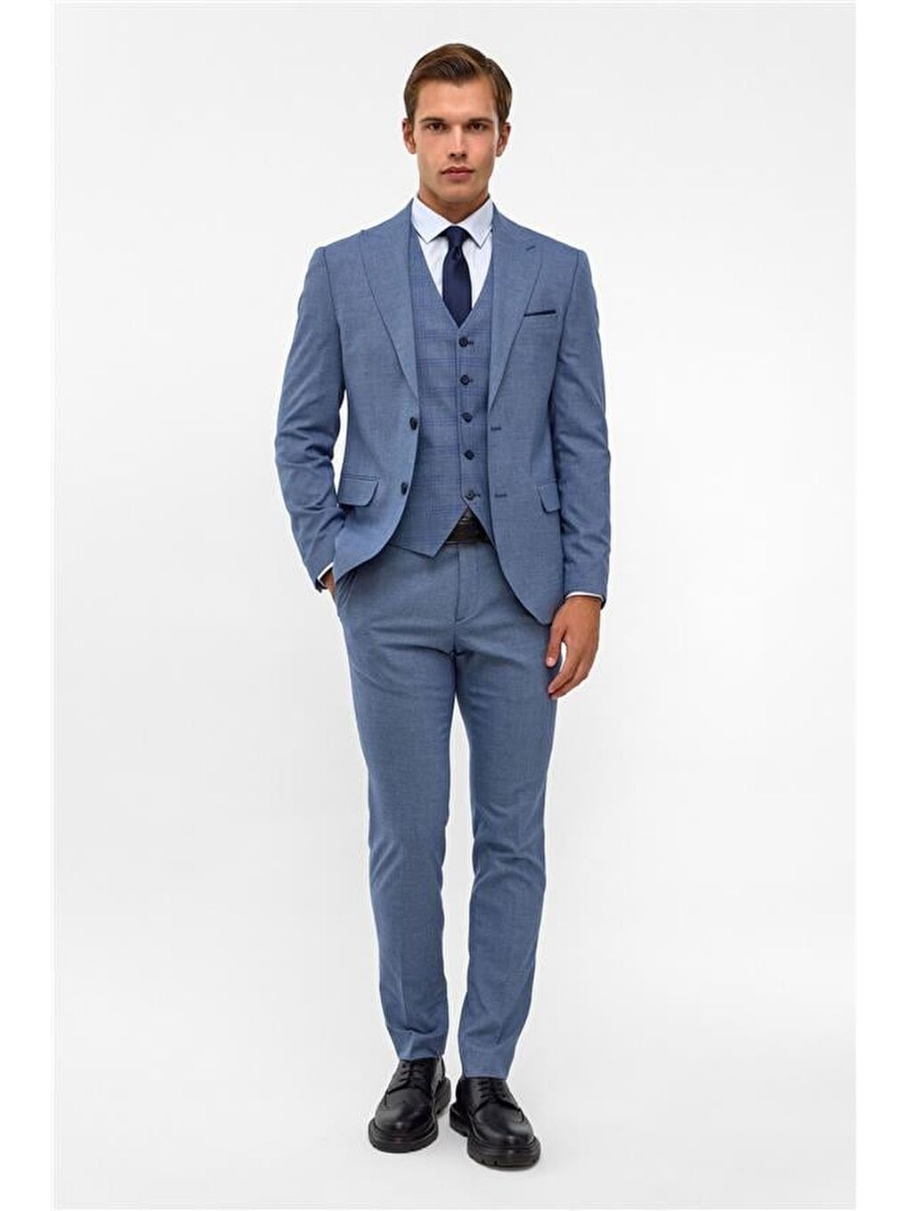 Buz Mavi Slim Armürlü Sivri Yaka 6 Drop Takım Elbise