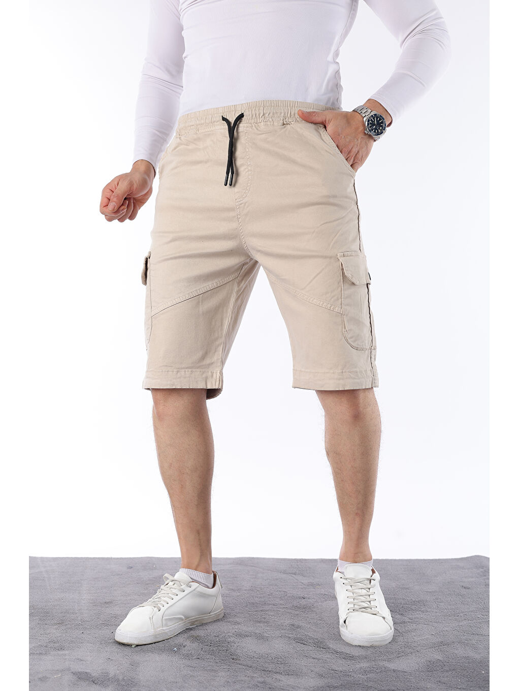 Bej Erkek Beli Lastikli Dikiş Detaylı Kargo Cep Kapri Şort