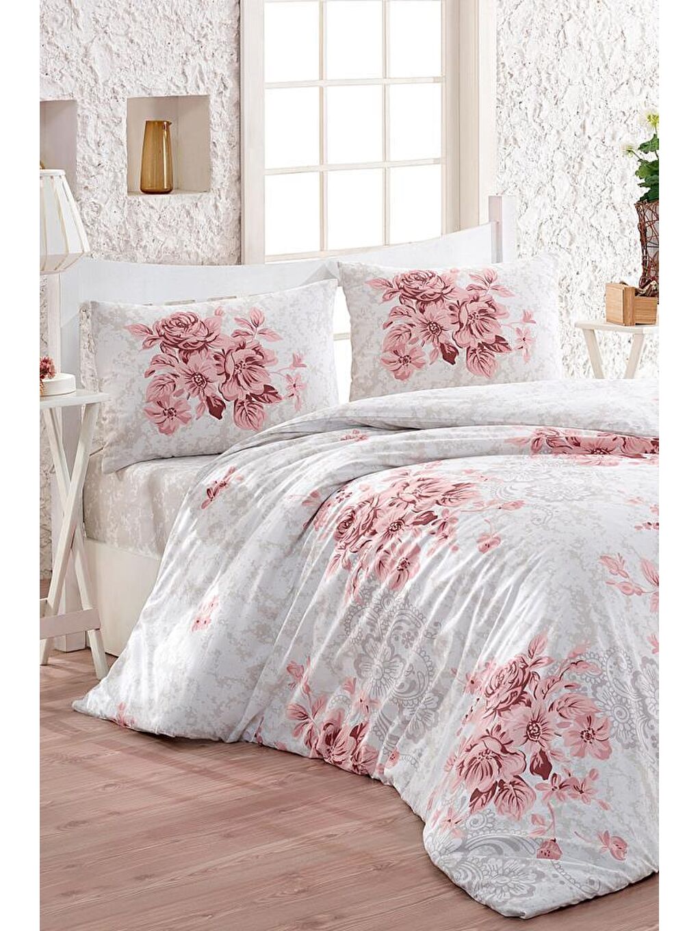 Pembe Taç Kristal Henna Light Collection Çift Kişilik Nevresim Takımı Pudra